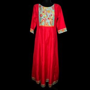 Janasya -Red Flora & Fauna Motif Poly/Silk Indian Kurta - Size M